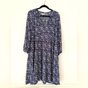 BODEN 14 L Navy White Floral Notch Tiered Puff Sleeve midi dress